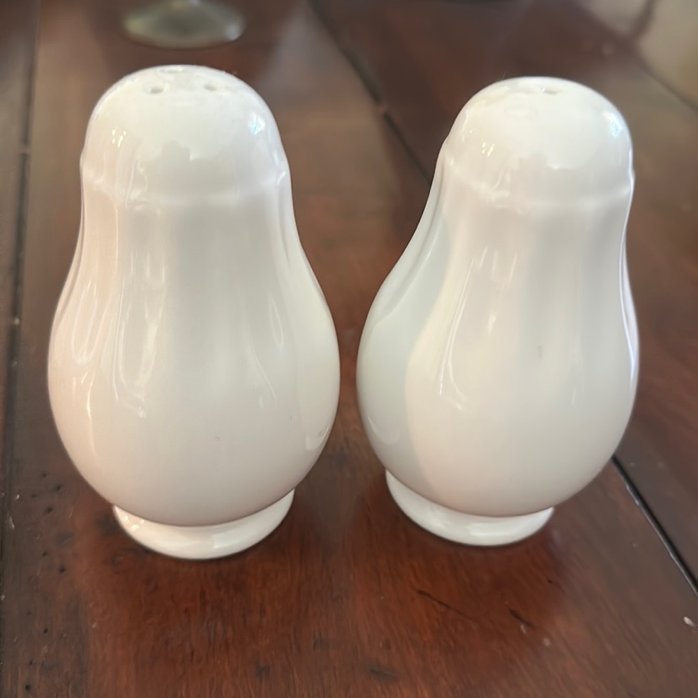 Mikasa white salt, and pepper shakers